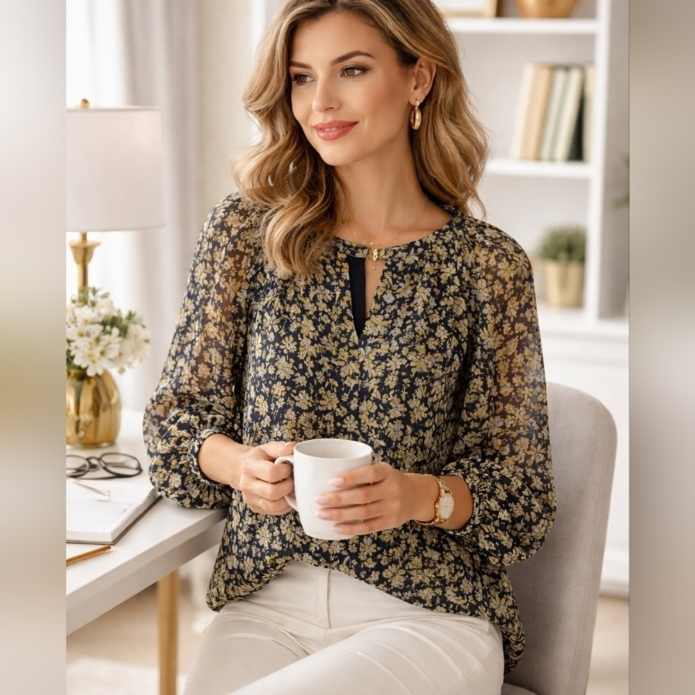 Vince Camuto Sheer Floral Blouse Boho Lightweight Navy Yellow Size L